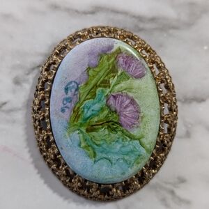 Vintage Hand Painted Floral Porcelain Brooch